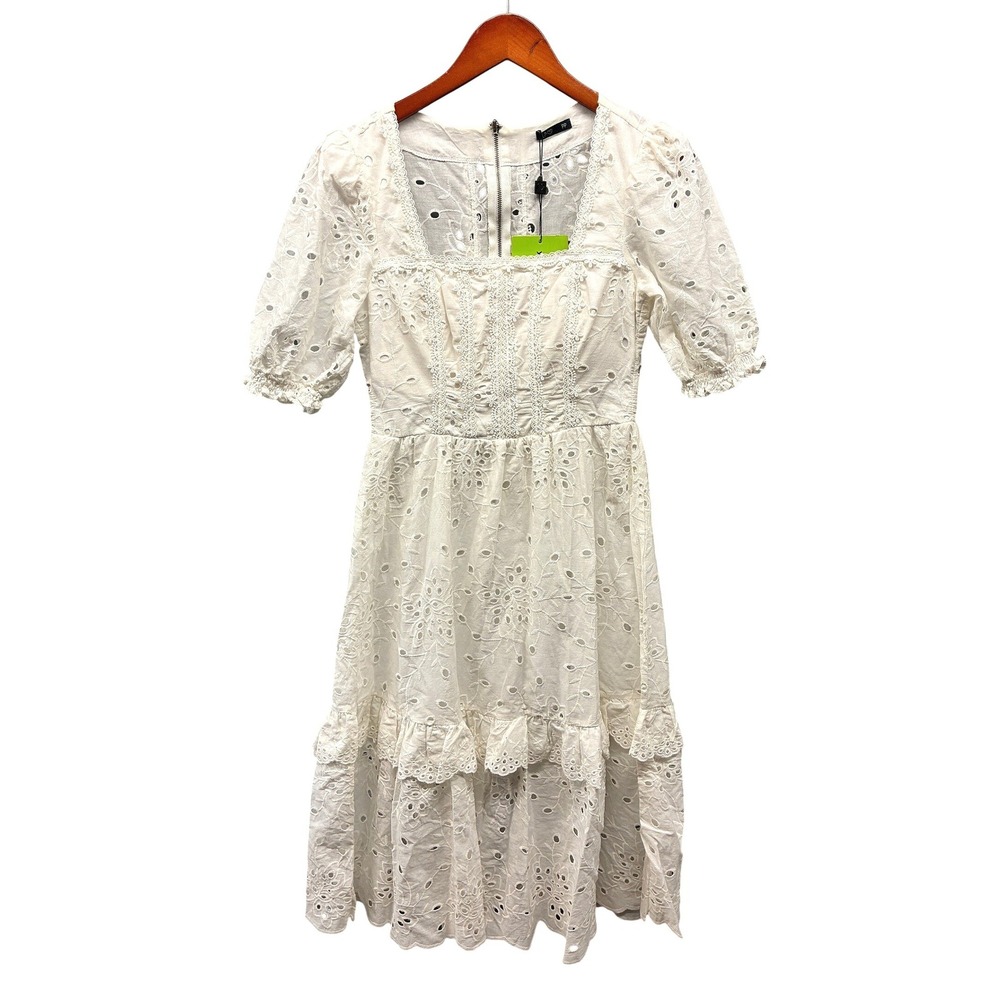 Limonada Pink Laryssa Eyelet Lace Puff Sleeve Midi Dress Womens XS NWT Romantic